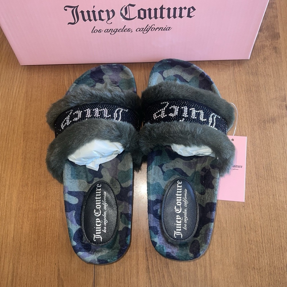 NEW Juicy Couture JC SIREN Green Camo‎ Luxe Faux Fur Bling Slide Sandals Size 6
